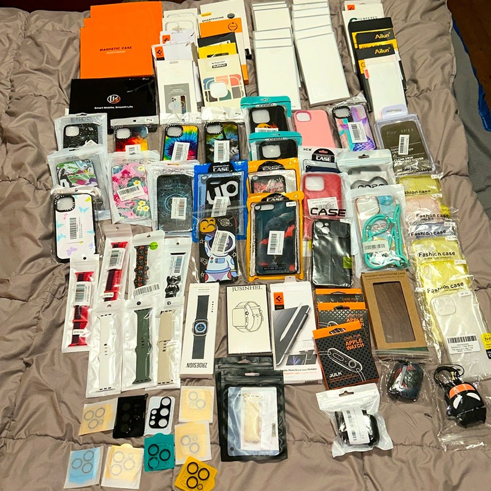 HUGE LOT OF iPHONE CASES, GLASS SCREEN PROTECTORS, WATCH BANDS & AIRPOD CASES.